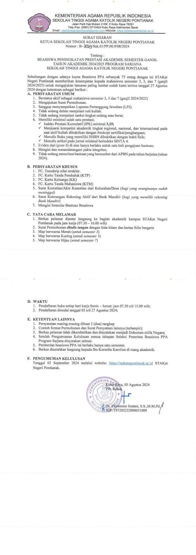 Surat Edaran Tentang Beasiswa Peningkatan Prestasi Akademik Semester Ganjil Tahun Akademik 2023 Ganjil Program Sarjana